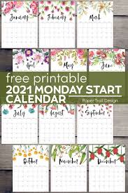 Free Printable 2021 Floral Calendar Monday Start Paper Trail Design In 2020 Calendar Printables 2021 Calendar Free Printable Calendar