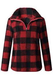 Black And White Checkered Fluffy Jacket Women Red Plaid Faux Fur Half Zip Placket Long Sleeve Casual Coat S Fleece Plaid Pullover
