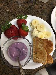 Try these healthy, colorful, and substantial vegetarian breakfast recipes. Kids Vegan Breakfast Soy Blueberry Yogurt Pbj Toast And Fruit Vegan Kids Healthy Snacks Easy Easy Snacks