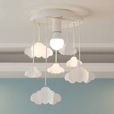Kids clean room with scandinavian furniture style, ceiling lamps, artificial plants, clock, table and chairs for illustration interior design. White 1 Light Kids Room Pendant Light With Hanging Clouds Beautifulhalo Com