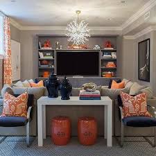 Gray Basement Family Room Design Decor Photos Pictures Ideas Inspiration Paint Colors A Living Room Orange Living Room Decor Gray Basement Family Rooms
