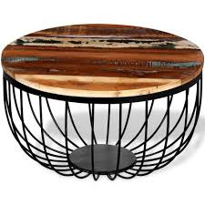 Coffee Side Table Round Reclaimed Wood Iron Base Wooden Living Room Furniture Mesa Redonda Estilo Mesa