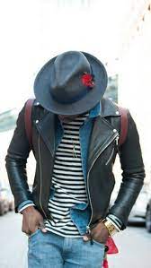 Men S Black Leather Biker Jacket Blue Denim Shirt White And Navy Horizontal Striped Long Sleeve T Shirt Blue Jeans Stylish Men Leather Jacket Men Well Dressed Men