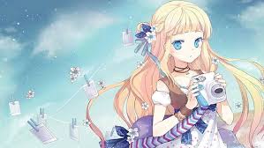 Who is going to end up in the top 10 blonde haired anime girls list? Hd Wallpaper Anime Anime Girls Blonde Long Hair Blue Eyes Camera Flower In Hair Wallpaper Flare