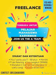 Kerja part time , atau kerja paruh waktu, berarti kamu tidak perlu bekerja penuh seperti orang kantor pada berniat untuk kerja part time , tapi belum terpikirkan pekerjaan yang cocok? Lowongan Kerja Untuk Mahasiswa Bandung