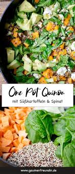 One Pot Quinoa Mit Spinat Avocado Und Susskartoffeln Rezept Susskartoffel Gesund Spinat Quinoa