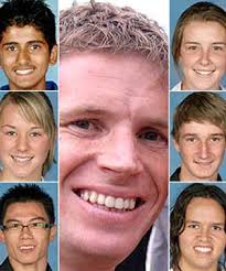 VICTIMS: Clockwise from top left: Floyd Fernandes, Tara Gregory, Tom Hsu, teacher Tony McLean, Portia McPhail, Anthony Mulder, Natasha Bray. - 369794