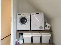 onze mooie wasmachine en droger verhoging met ikea wasmanden eronder steigerhout scaffolding wood kast wasmachine wasruimtes wasmachine