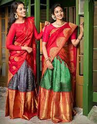 Silk Half Saree Designs Dressing Tips Keep Me Stylish Woman wearing blue and green floral sari dres, banarasi sari langa voni chiffon georgette, saree, woman, fashion model png. silk half saree designs dressing tips