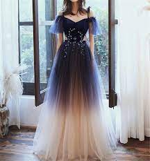 Elegant Velvet Prom Dress Long Tulle Evening Dress Royal Blue Champagne Gradient Party Dress Straps V Neck Banquet Dress Applique Ball Gown Prom Girl Dresses Banquet Dresses Velvet Prom Dress