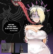 full power elbow, gwen stacy, spider-gwen, venom (marvel), marvel, spider- man: into the spider-verse, spider-man (series), spider-verse, highres,  1boy, 1girl, blonde hair, breasts, large breasts, long tongue, tongue -  Image View - |