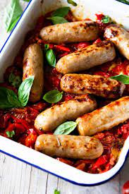 Italian Sausage Bake A Delicious And Easy One Pan Dinner Made With Italian Sausages Tomatoes And Peppers Easy A Italian Recipes Sausage Bake Italian Sausage