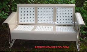 Fresh Tan And White Restoration On An Old Metal Vintage Patio Porch Glider Swing Vintage Patio Furniture Metal Patio Furniture Vintage Patio