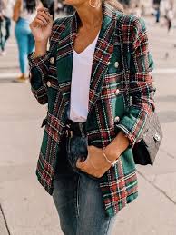 En automne, les manteaux en laine ou en tweed font leur apparition. Manteau Tartan Tweed Carreaux Double Boutonnage Col A Revers Mode Femme Ecossaise Blazer Vert Et Rouge Manteaux Hauts