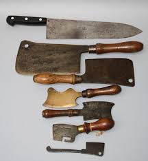 General electriclarge steam and turbine and generator dept.diamond anniv.75 yrs.1953. An Antique W G Of Sheffield Cast Steel Meat Cleaver With Turned Wood Handle Together With Other Vintage And Antique Meat Cleavers Of Varying Size And Design And A Very Large Sabatier Carbon