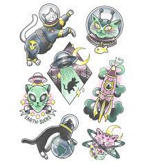 Space Cats Tattoo Flash Sheet Art Print In 2021 Tattoo Flash Sheet Flash Tattoo Designs Cat Tattoo