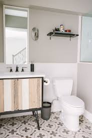 The Basement Bathroom At Homebase Featuring Patterned Tile And Custom Reclaimed Wood Vanity With Hairpin L Bathroom Design Small Bathroom Vanity House Design