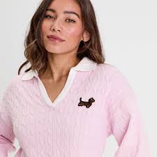 Pull manches longues col polo rose clair femme