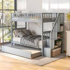 Harper Bright Designs White With Trundle And Storage Twin Over Twin Bunk Bed Sm000104aak The Home Depot Bunk Bed With Trundle Twin Bunk Beds Bunk Beds