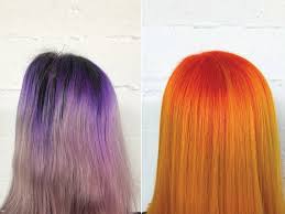 Violet looks beautiful with burgundy, fuchsia, blue and teal. This Purple To Orange And Yellow Hair Color Transformation Wasn T Easy To Pull Off Allure