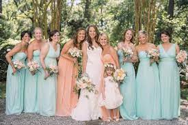 Peach And Turquoise Wedding Bridesmaids Dresses And Bouquets Peach Bridesmaid Dresses Aqua Bridesmaid Dresses Peach Bridesmaid