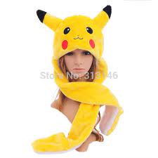 Pikachu Cartoon Plush Animal Faux Fur Full Hood Kids Hat Women Children Costume Beanie With Long Scarf Mittens Gloves Earmuffs Pikachu Hat Plush Animals Animal Hats