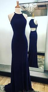 Navy Blue Sheath Halter Prom Dresses Sweep Train With Split Side Open Back Prom Dresses Dark Blue Evening Dresses Halter Cocktail Dresses Prom Dresses Blue Elegant Prom Dresses Navy Blue Prom Dresses