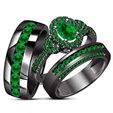 Black And Green Wedding Rings Green Sapphire Black Gold Over 925 Silver Bride Groom Engagement Ring Trio Set Black Gold Jewelry Black Gold Ring Oval Engagement Ring White Gold