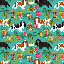Black And Tan Cavalier King Charles Spaniel For Sale Colorful Fabrics Digitally Printed By Spoonflower Cavalier King Charles Spaniel Tiki Tropical Fabric Blenheim Black And Tan Tri Cavalier Turquoise Cavalier King Charles Dog King Charles Dog King