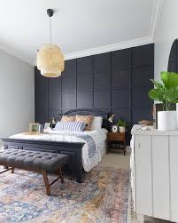 Design ideas for a small contemporary guest bedroom in sydney with white walls, carpet, no fireplace and grey floor. Bedroom Black Grid Accent Wall Mid Century Modern Bedroom Vintage Rug Ikea Basket Lig Contemporary Bedroom Master Bedroom Design Contemporary Bedroom Design