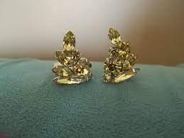 Vtg Signed Weiss Rare YELLOW Rhinestone Leaf Shaped RPClip On EARRINGS  1