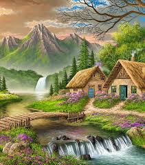 Beautiful Mountain Scenery Scenery Paintings Landscape Paintings Cottage Art