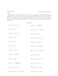 The purpose of this worksheet is to provide an opportunity to practice di erentiation formulas for section 005. 1