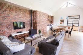 Let's start with the winsley leather corner sofa and leather armchair which will provide your room with relaxed seating. Home Interior With Open Plan Kitchen Lounge And Dining Area Stock Photo Picture And Royalty Free Image Image 79573467