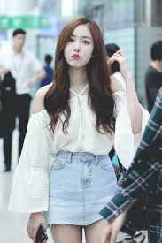 Denim Skirt With Flowy Cold Off The Shoulder Top Fashion Kpop Outfits Kpop Fashion