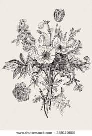 Victorian Bouquet Spring Flowers Poppy Anemones Tulips Delphinium Vintage Botanical Illustration Vector Des Botanicheskie Illyustracii Cherno Beloe Risunki
