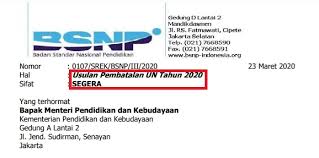 Contoh surat pemberitahuan berdasarkan penyebab dari pembatalan pengiriman barang adalah transaksi pembayaran barang terkait belum. Surat Pembatalan Un 2020 Usulan Bsnp Ke Mendikbud Info Pendidikan Terbaru