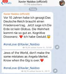 Angeblich sei die ein verbund aus sozialisten und katholiken, die gemeinsam deutschland zerstören. Tobias Huch On Twitter Ich Sage Jetzt Klar Und Deutlich Xavier Naidoo Ist Antisemit Ich Hoffe Dass Er Mich Dafur Verklagt Denn Seine Judenfeindlichen Aussagen Auf Telegram Sind Klar Dokumentiert Postet Gerne