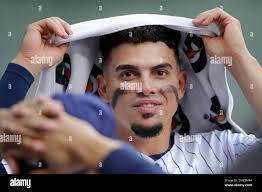 Milwaukee Brewers' Willy Adames wears a towel