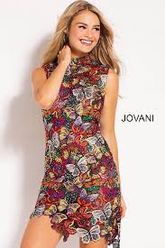 Jovani Dress M52046 Multi Color Butterfly Embroidered Sheer Fitted Sleeveless Dress Contemporary Dresses One Shoulder Cocktail Dress Short Dress Styles