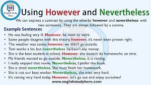 Despite what has just been said or referred to: Http Englishstudyhere Com Grammar Using However And Nevertheless In English English Study Direct And Indirect Speech Linking Words