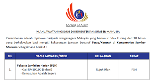 Jawatan kosong kementerian sumber manusia | peluang terbuka kepada mereka yang berkelayakan dan berminat untuk berkerja secara kontrak di kementerian sumber manusia diperlawa untuk membuat permohonan segera. Jawatan Kosong Di Kementerian Sumber Manusia