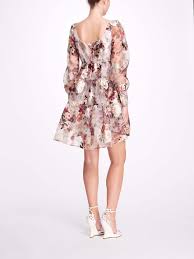 White Floral Mini Scoop Neck Dress Marchesa