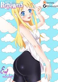 1boy 1girls angel angel wings ass back behind blonde hair blue  eyes clothed crimvael erolady fanart female ishuzoku reviewers small  breasts smile solo spats 