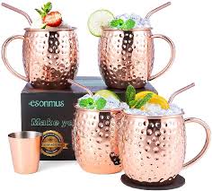 Esonmus Verre Moscow Mule Ensemble De Verres En Cuivre Faits A La Main Avec 4 X Tasses Sous Verres Pailles Pour Verre Paille Verre En Cuivre Verre Cocktail