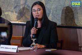 Philippine - Lawyers Michael Poa and Shiela Sison answer questions from the  media during a press briefing in Makati City on Wednesday, as the defense  team of Vice President Sara Duterte addresses
