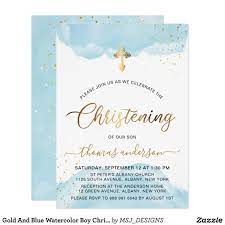 Gold And Blue Watercolor Boy Christening Invitation Zazzle Com In 2021 Christening Invitations Boy Christening Invitations Boy Christening