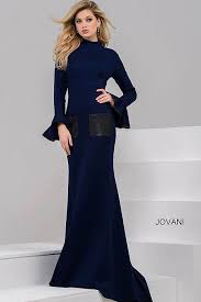 Jovani Dress 47641 Navy Long Fitted Long Sleeve High Neckline Dress With Back Openings Long Sleeve High Neck Dress High Neckline Dress Long Sleeve Dress