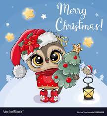 Greeting Christmas Card Cute Cartoon Owl With Christmas Tree On A Blue Background Download A Free Preview Or Hi Owl Cartoon Christmas Cartoons Christmas Cards