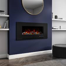 It has a black glass surround and the center firebox is open with no glass. Amberglo Black Wall Mounted Electric Fire With Logs Crystal Fuel Beds Agl009 Appliances Direct